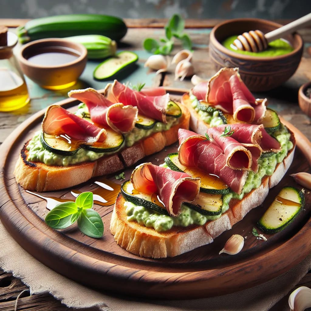 Bruschette con Crema di Zucchine, Roast Beef e Miele d'Acacia
