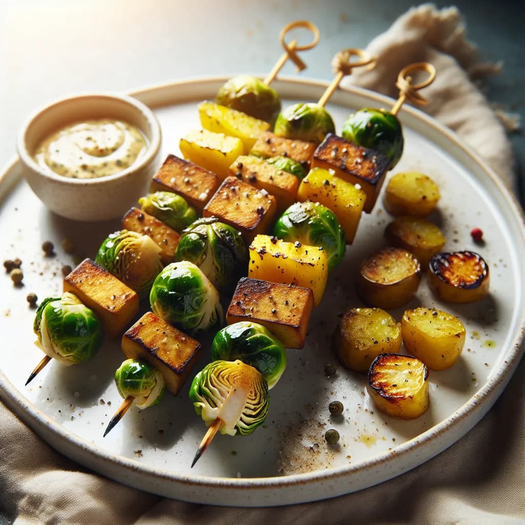 Brussels Sprouts, Potato, and Tempeh Skewers