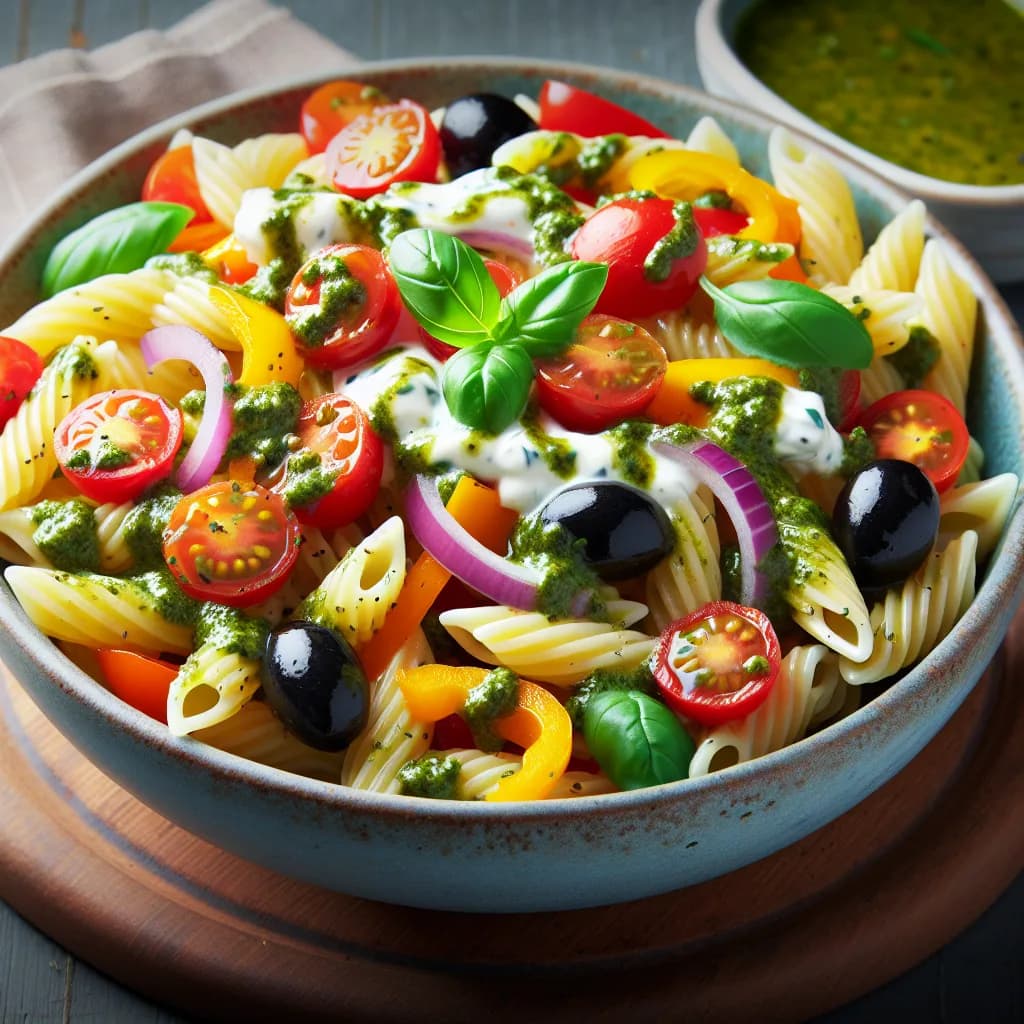 Bunter Nudelsalat mit Joghurt-Pesto-Dressing