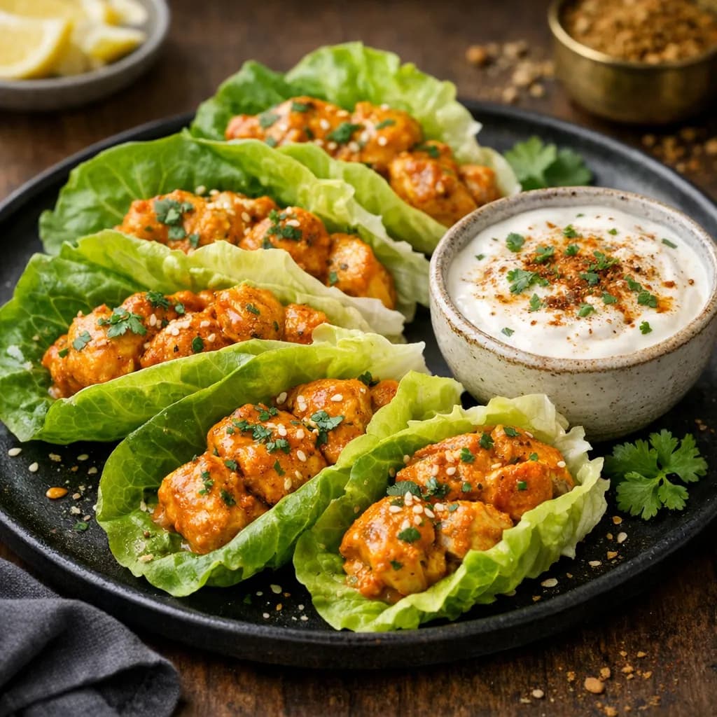 Butter Chicken Lettuce Rolls with Chat Masala Yogurt Dip