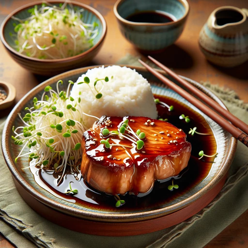 Côte échine glacée à la sauce soja et riz aux jeunes pousses