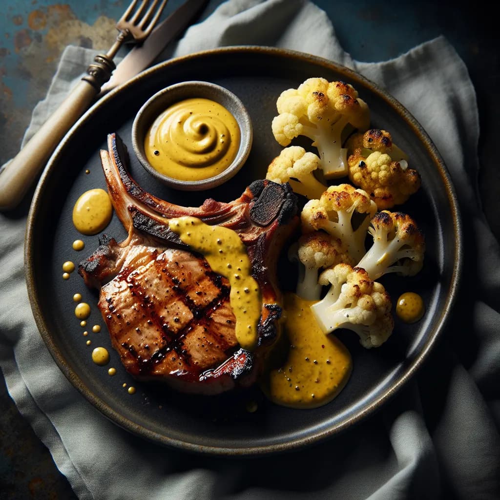 Côtes de porc grillées avec chou-fleur et sauce à la moutarde