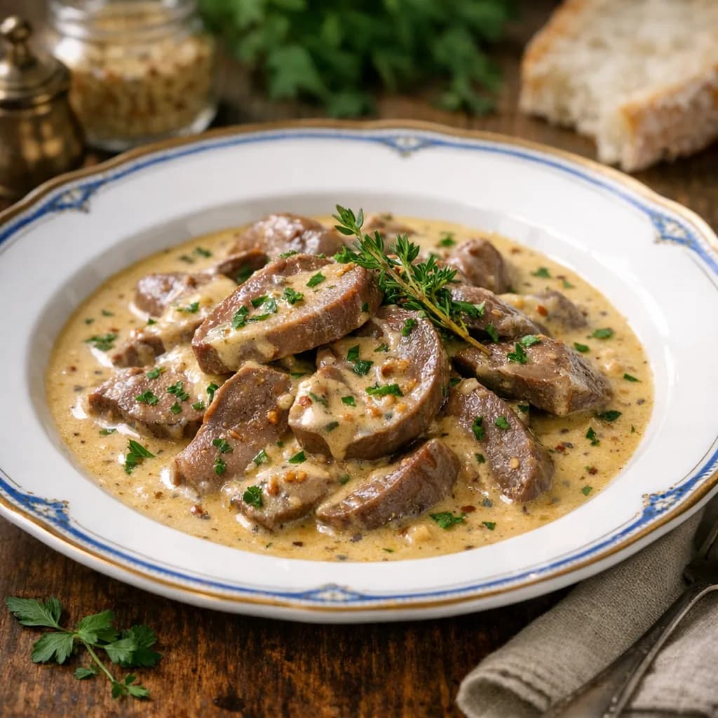 Cœurs de porc en sauce moutarde légère