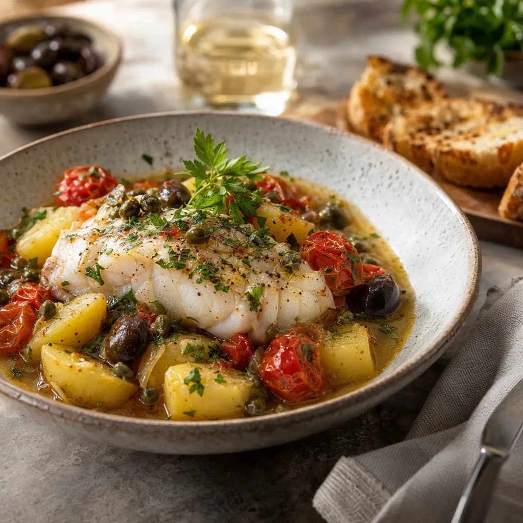 Cabillaud all'acqua pazza, pommes de terre et olives