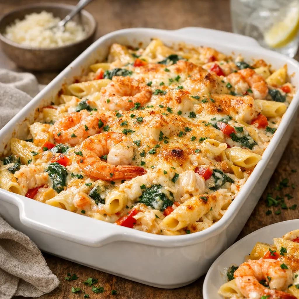 Cajun Shrimp, Crab & Spinach Alfredo Bake