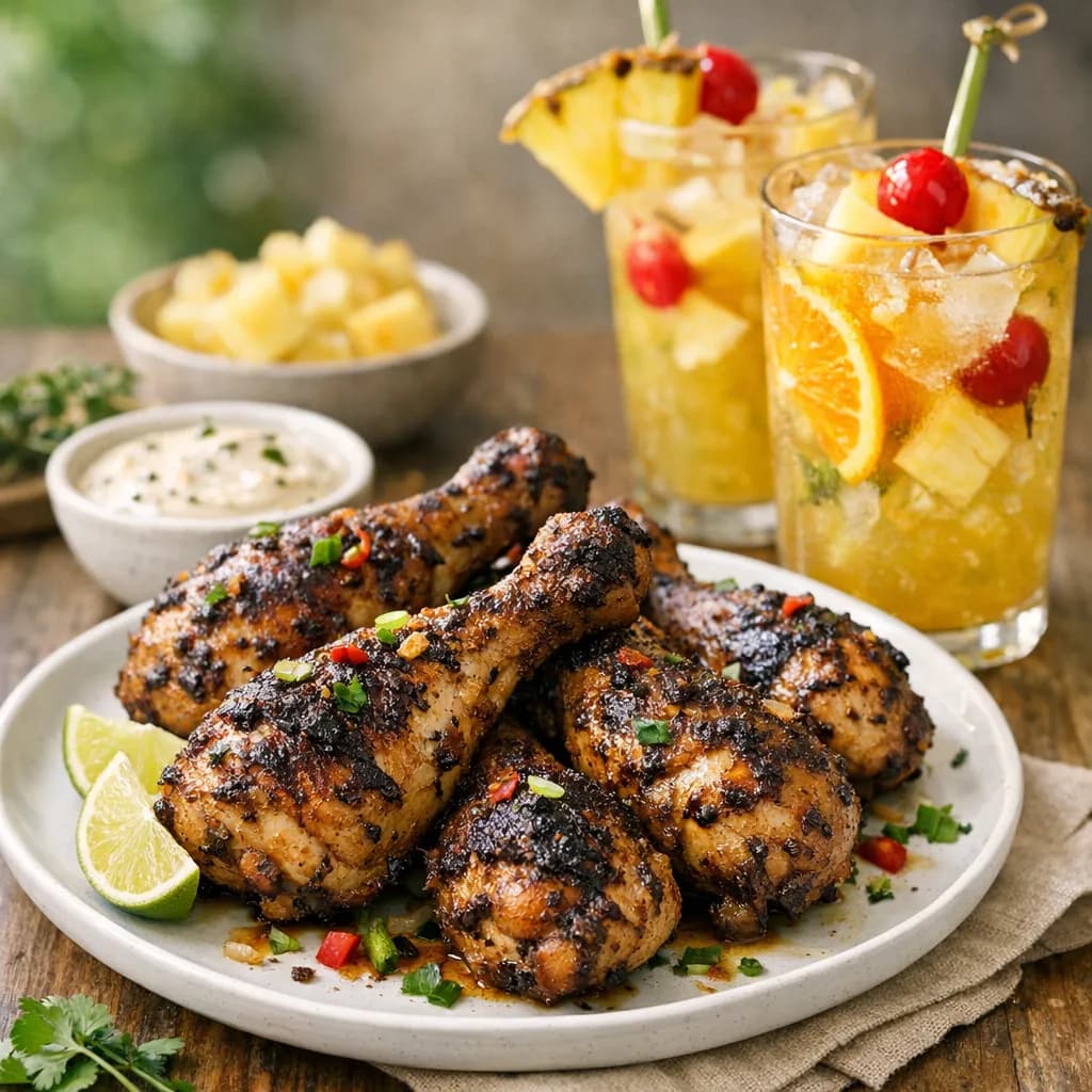 Caribbean Jerk Chicken Drumsticks with Tropical Cooler