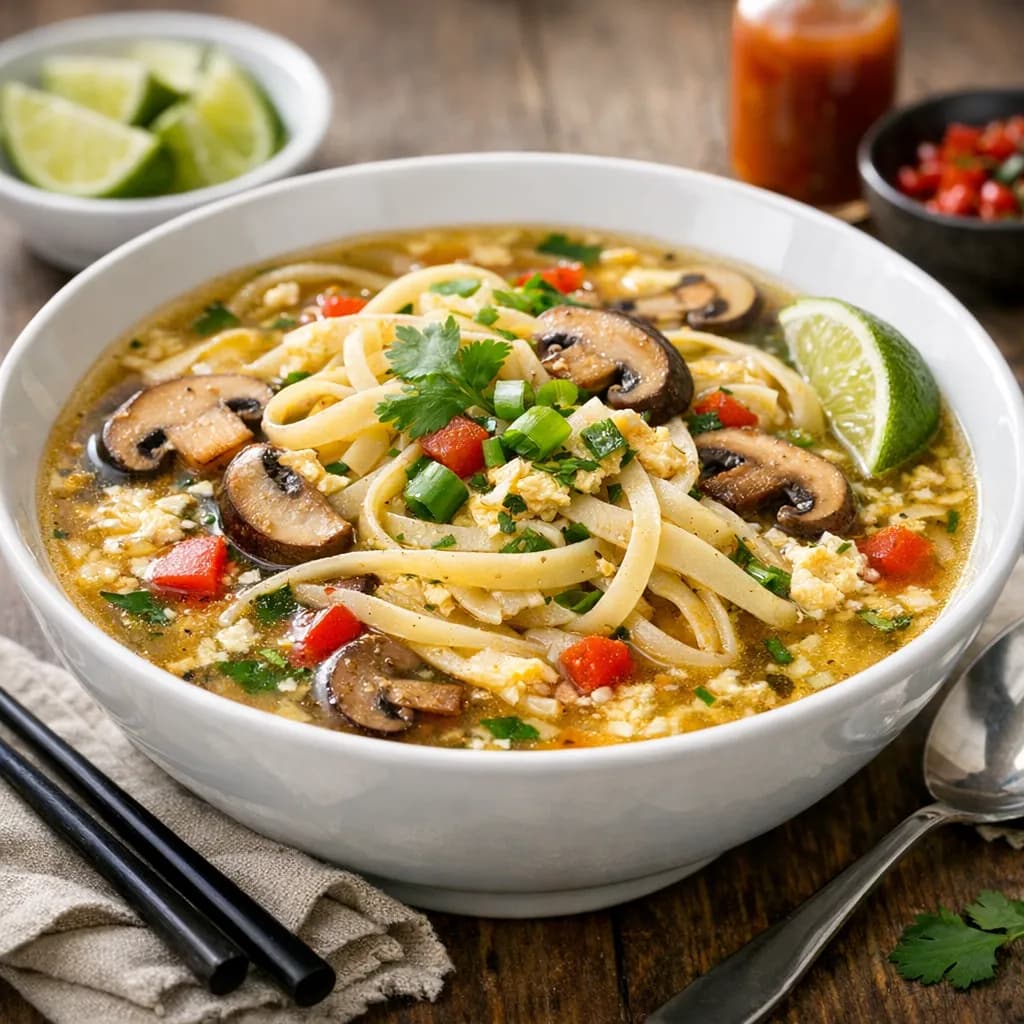 Caribbean Mushroom and Egg Drop Soup with Fettuccine