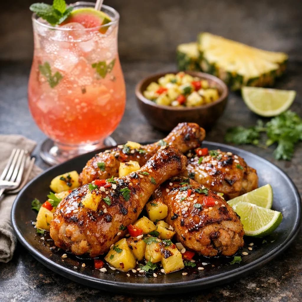 Caribbean Pineapple Rum Chicken Drumsticks with Guava Fizz