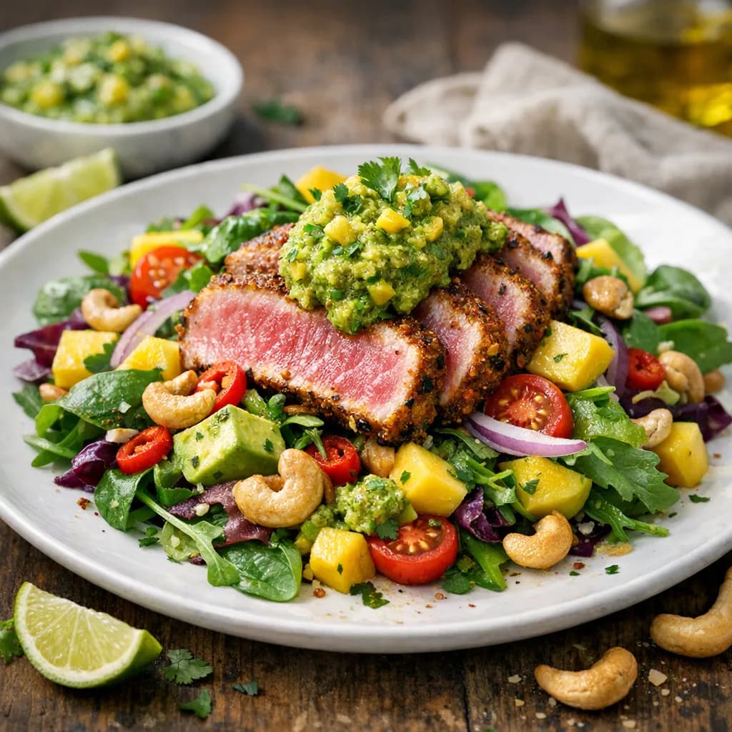 Caribbean Spicy Tuna Salad with Mango-Cashew Pesto