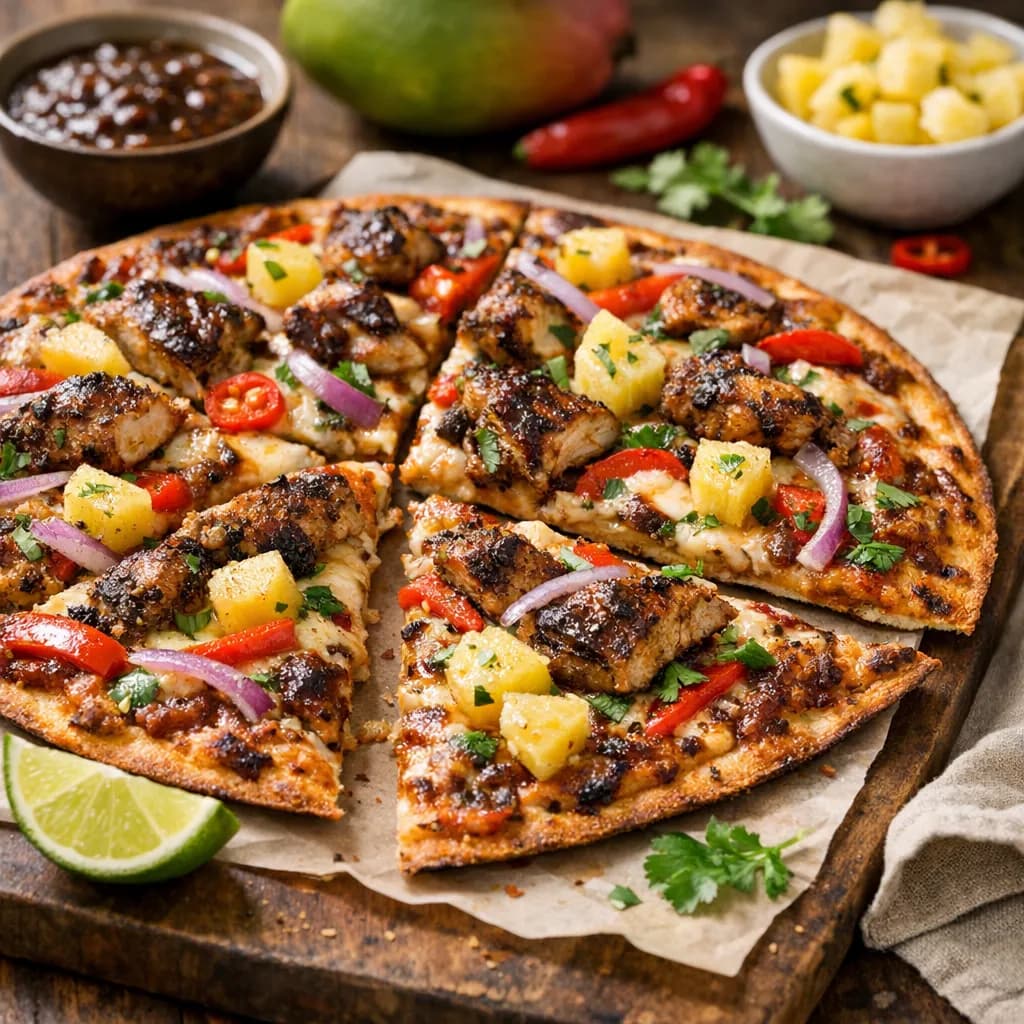 Caribbean Style Extra Crispy Thin Crust Jerk Chicken Pizza