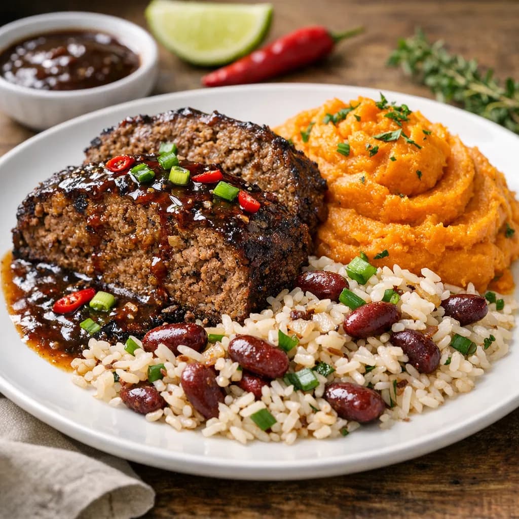 Caribbean-Style Beef Meatloaf with Jerk Seasoning, Sweet Potato Mash, and Coconut Peas