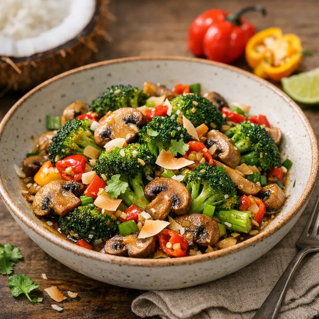 Caribbean-Style Broccoli and Mushroom Sauté with Coconut and Scotch Bonnet
