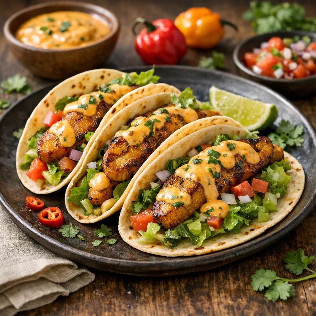 Caribbean-Style Plantain Tacos with Romaine and Scotch Bonnet Sauce