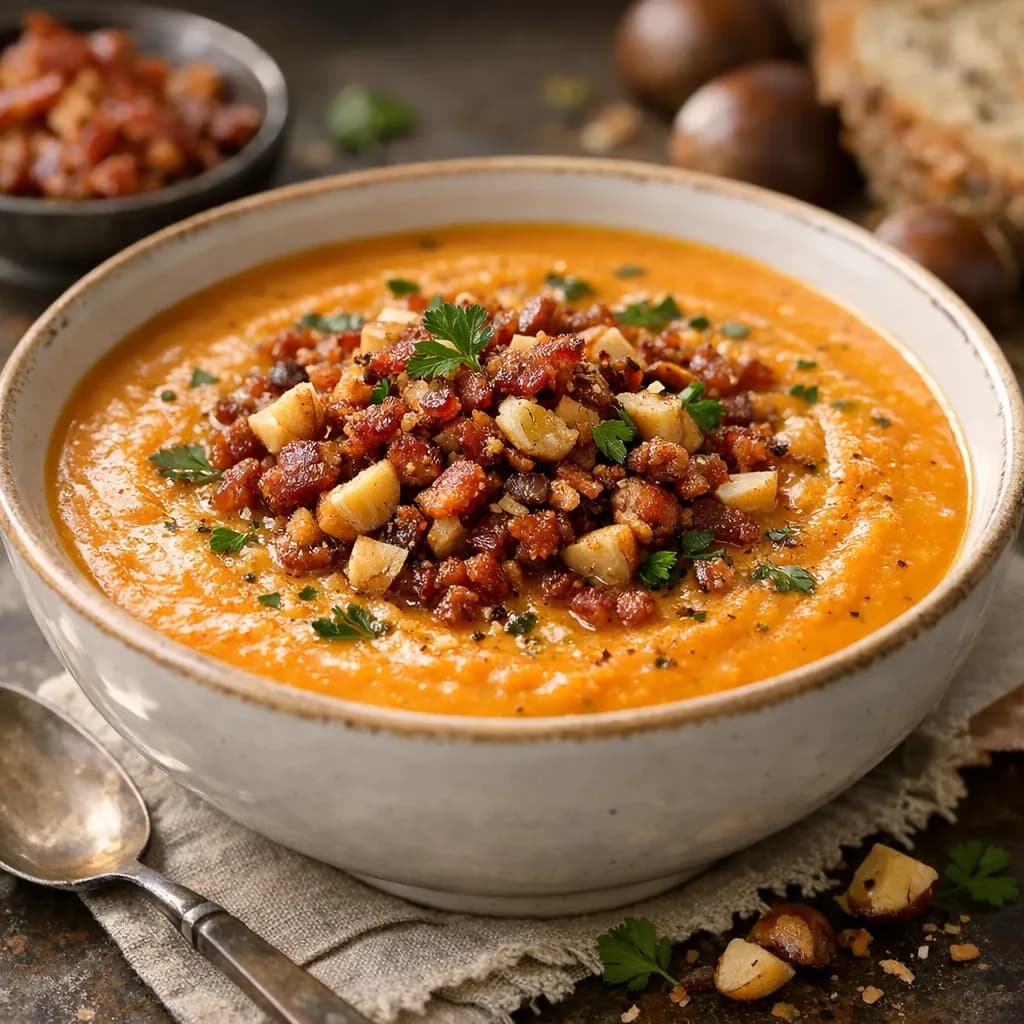 Carrot, Potato & Chestnut Soup with Bacon Crumble