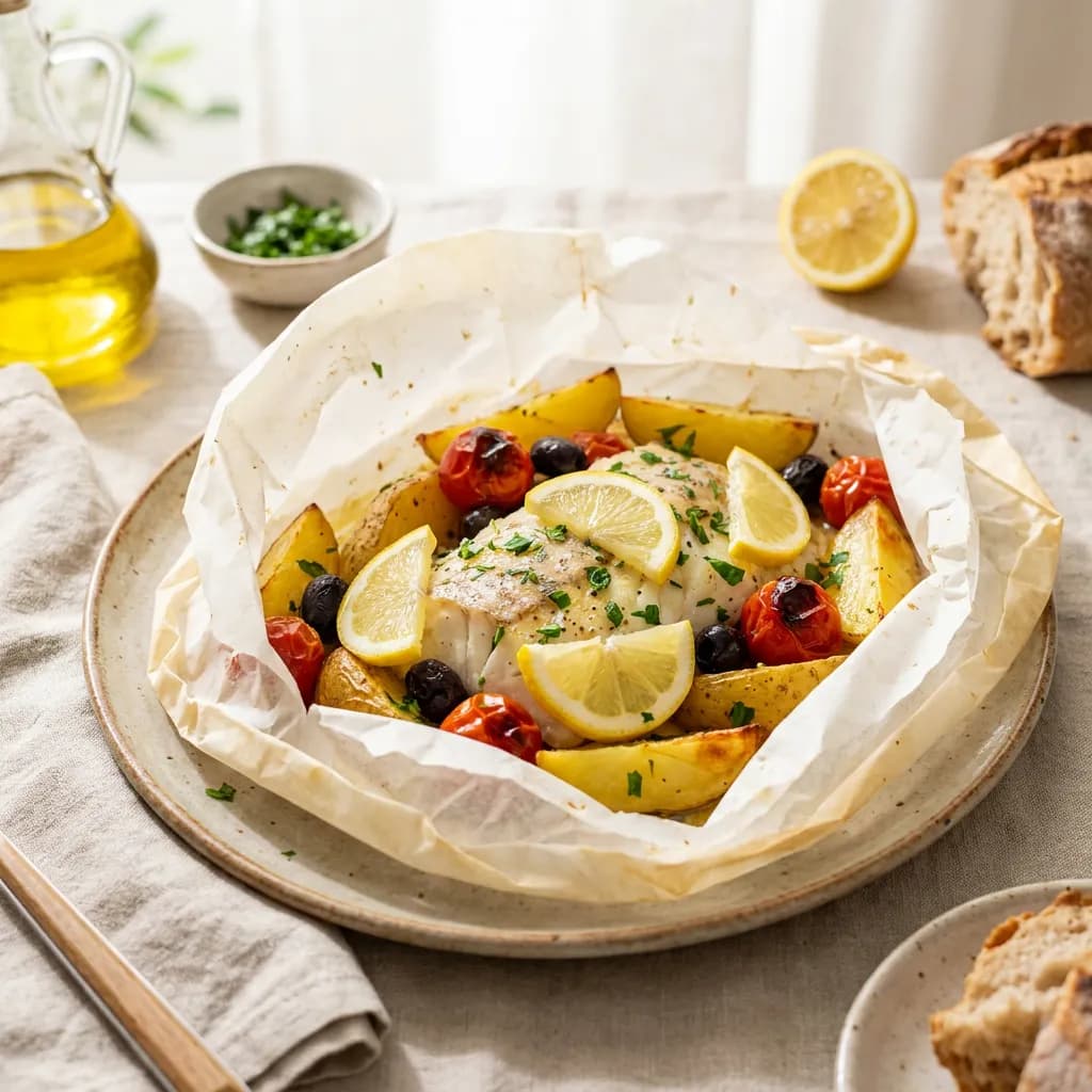 Cartocci di merluzzo con patate, pomodorini e olive