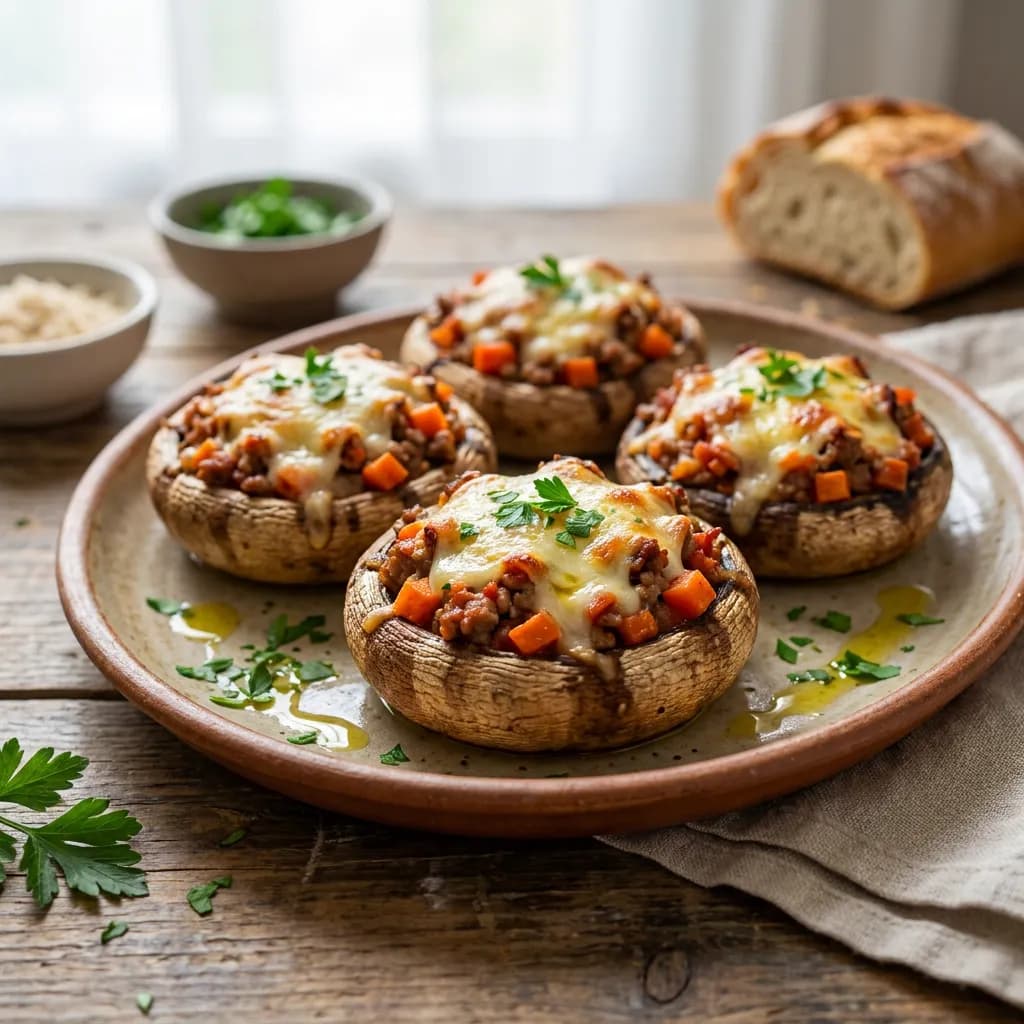Champiñones rellenos de ternera, zanahoria y tomate