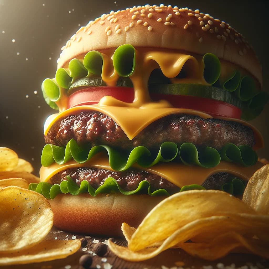 Cheeseburger mit hausgemachten Kartoffelchips