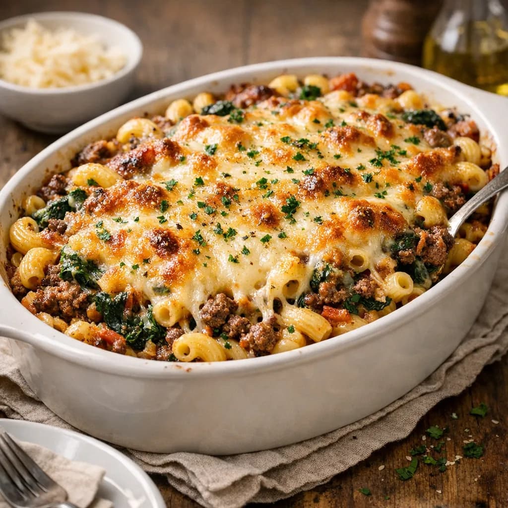 Cheesy Beef & Spinach Macaroni Bake