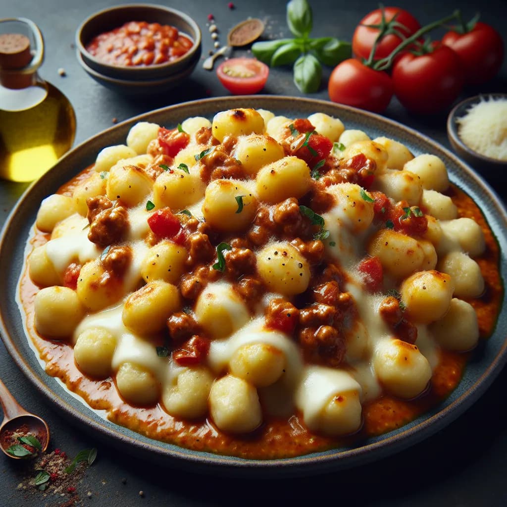 Cheesy Gnocchi with Tomato and Meat Sauce