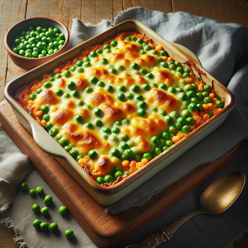 Cheesy Red Lentil and Pea Bake