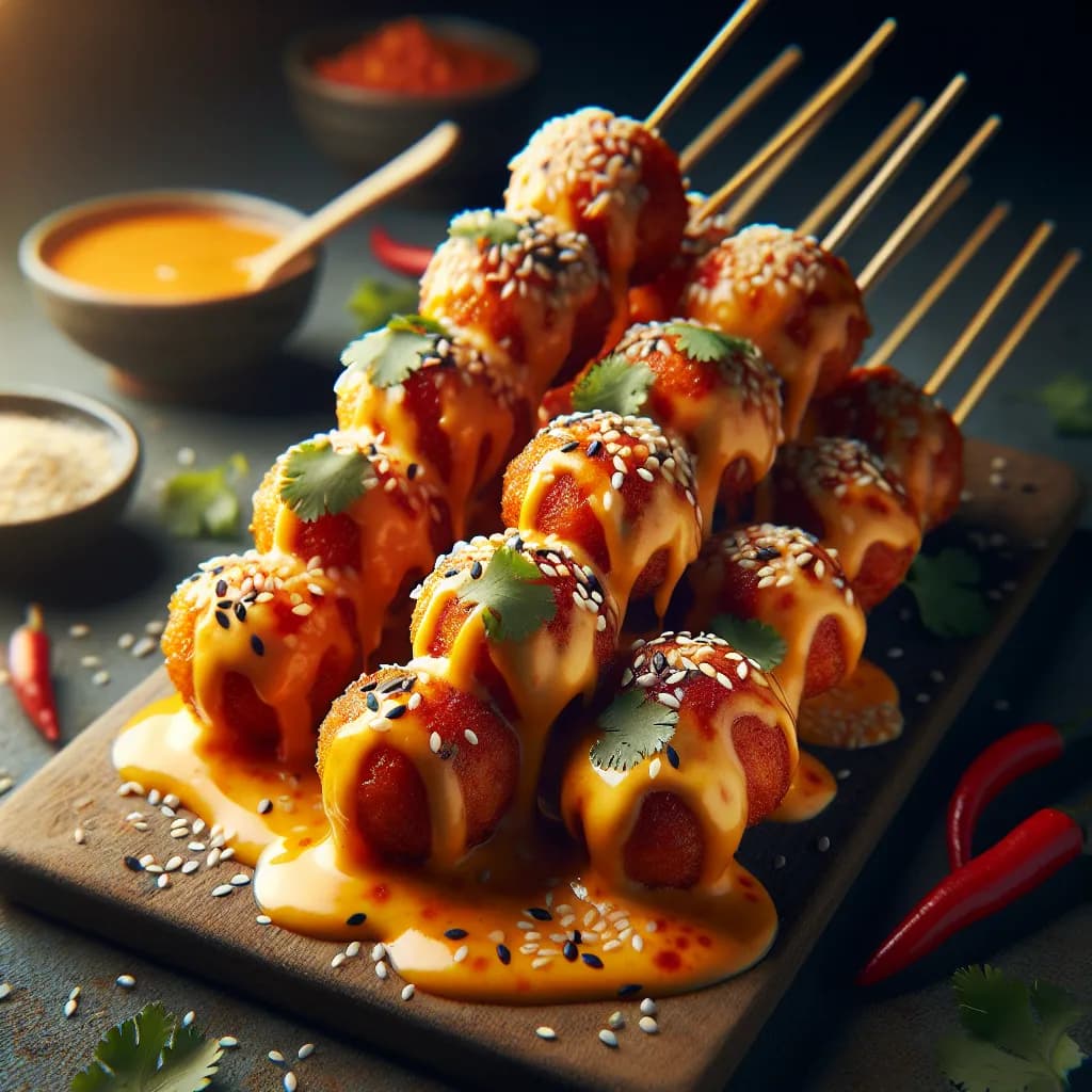 Cheesy Spicy Takoyaki Skewers