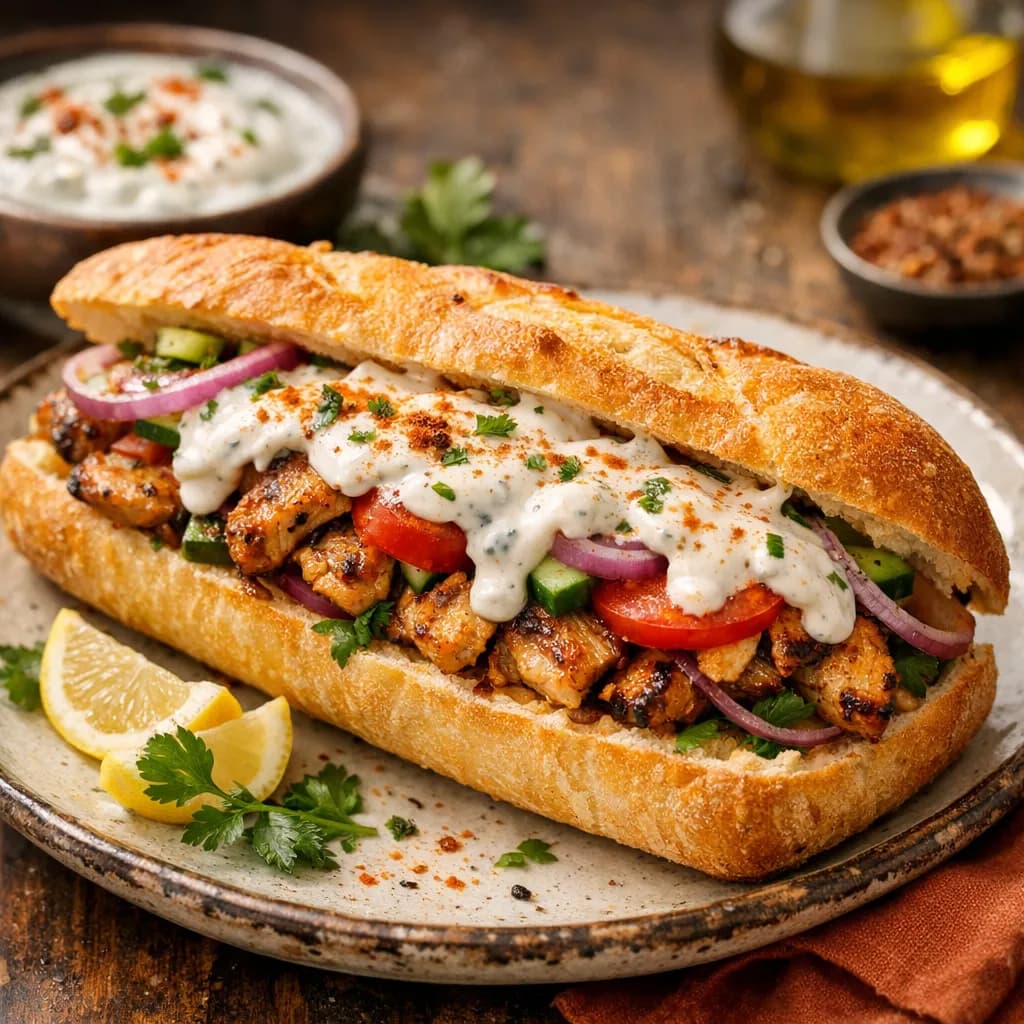 Chicken Shawarma Baguette with Spiced Yogurt Sauce