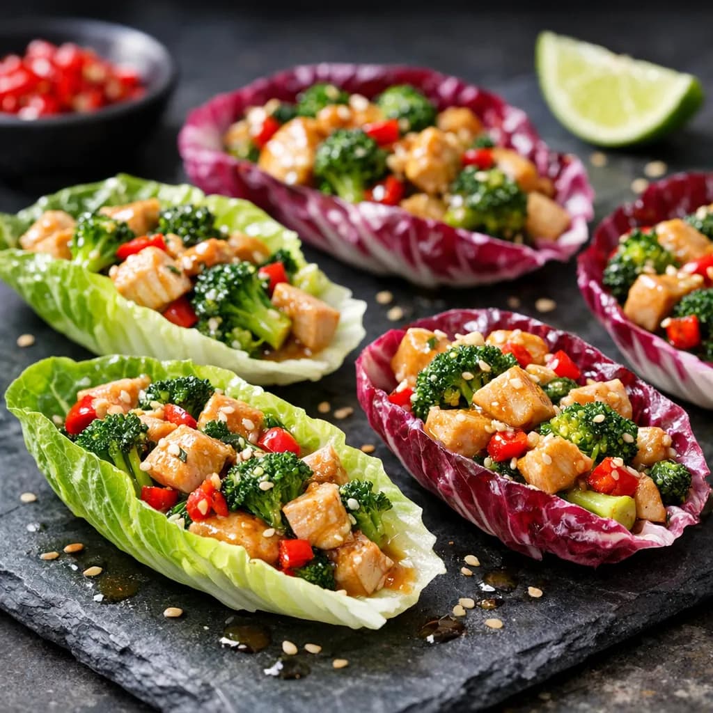 Chicken, Broccoli & Hot Pepper Lettuce Boats