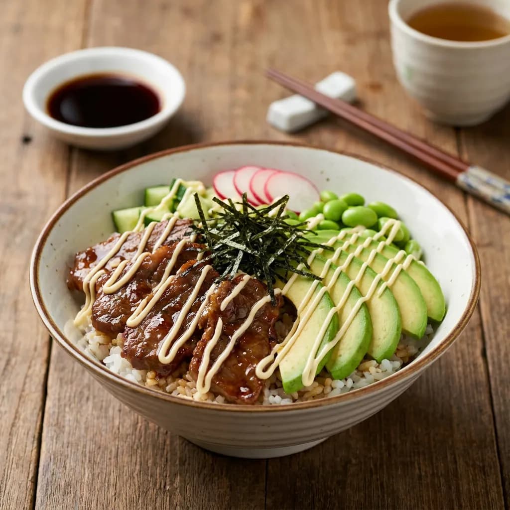 Chirashi sushi bowl au bœuf teriyaki, avocat et algues