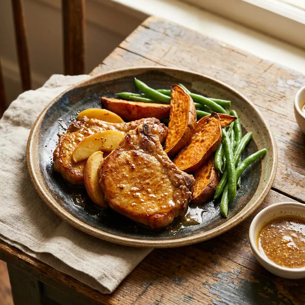 Chuletas de cerdo glaseadas con manzana, batata y judías verdes
