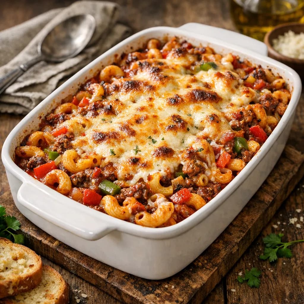 Classic Beef and Pepper Elbow Pasta Bake