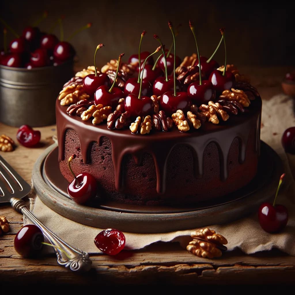 Classic Chocolate Snack Cake with Cherries and Walnuts