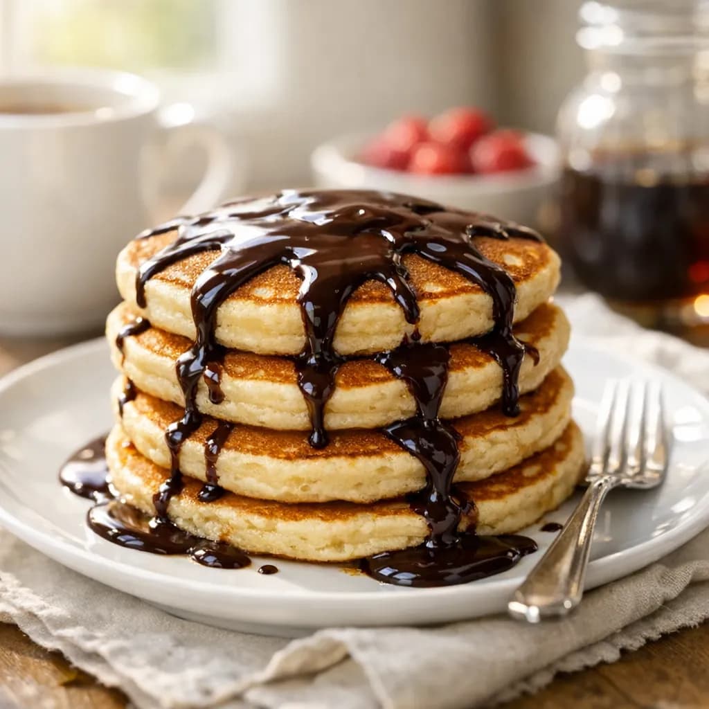 Classic Fluffy Pancakes with Chocolate Syrup