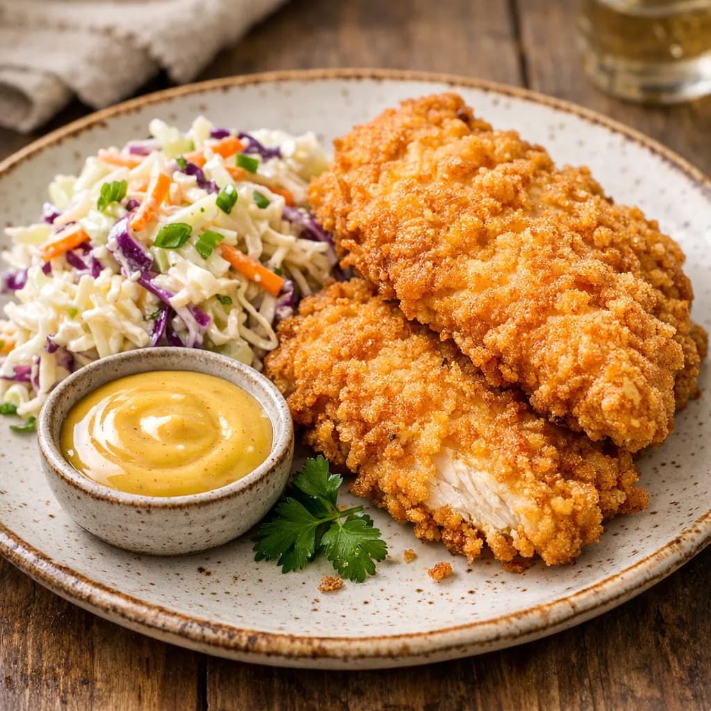 Classic Fried Chicken with Creamy Coleslaw and Honey Mustard Sauce