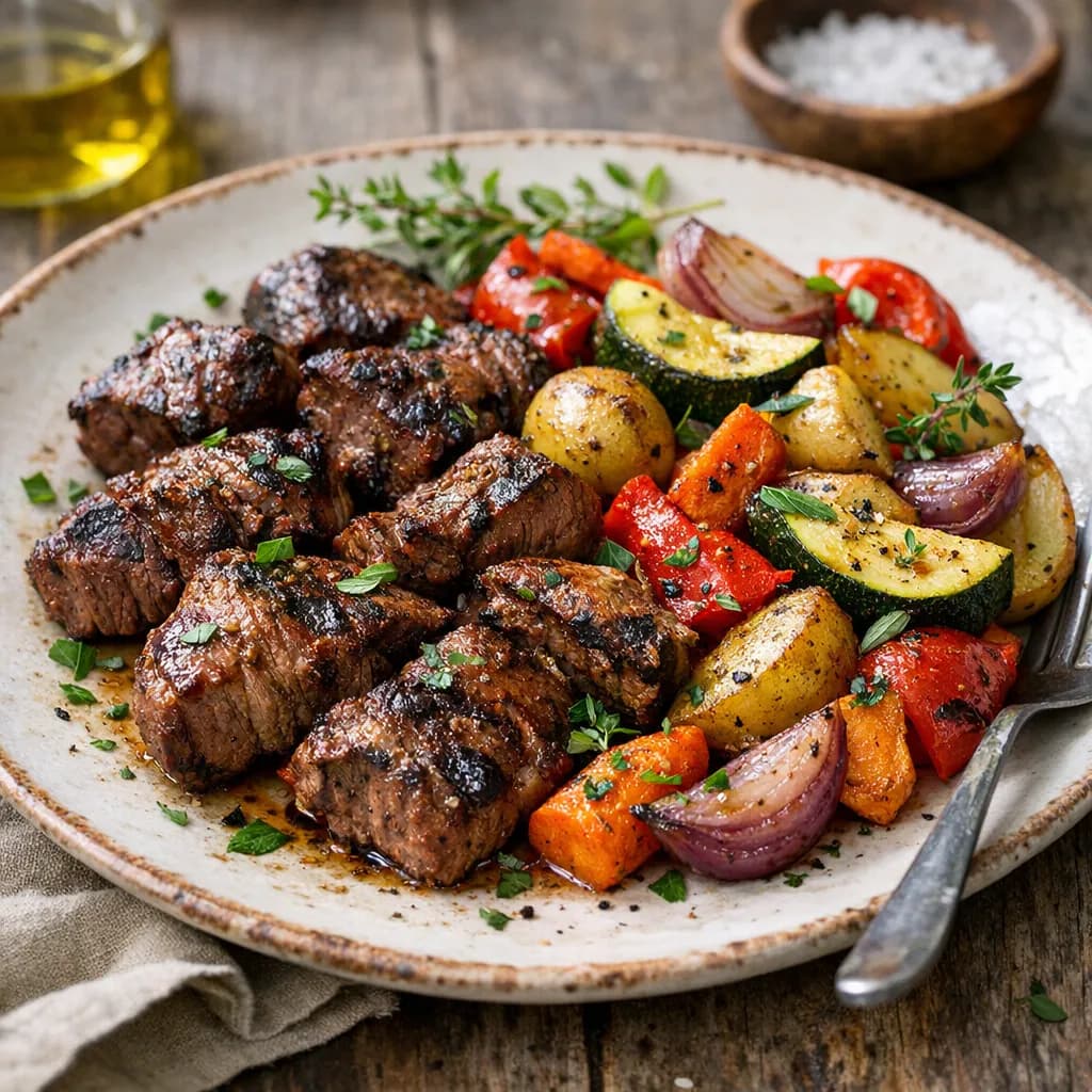 Classic Grilled Steak Tips with Roasted Vegetables