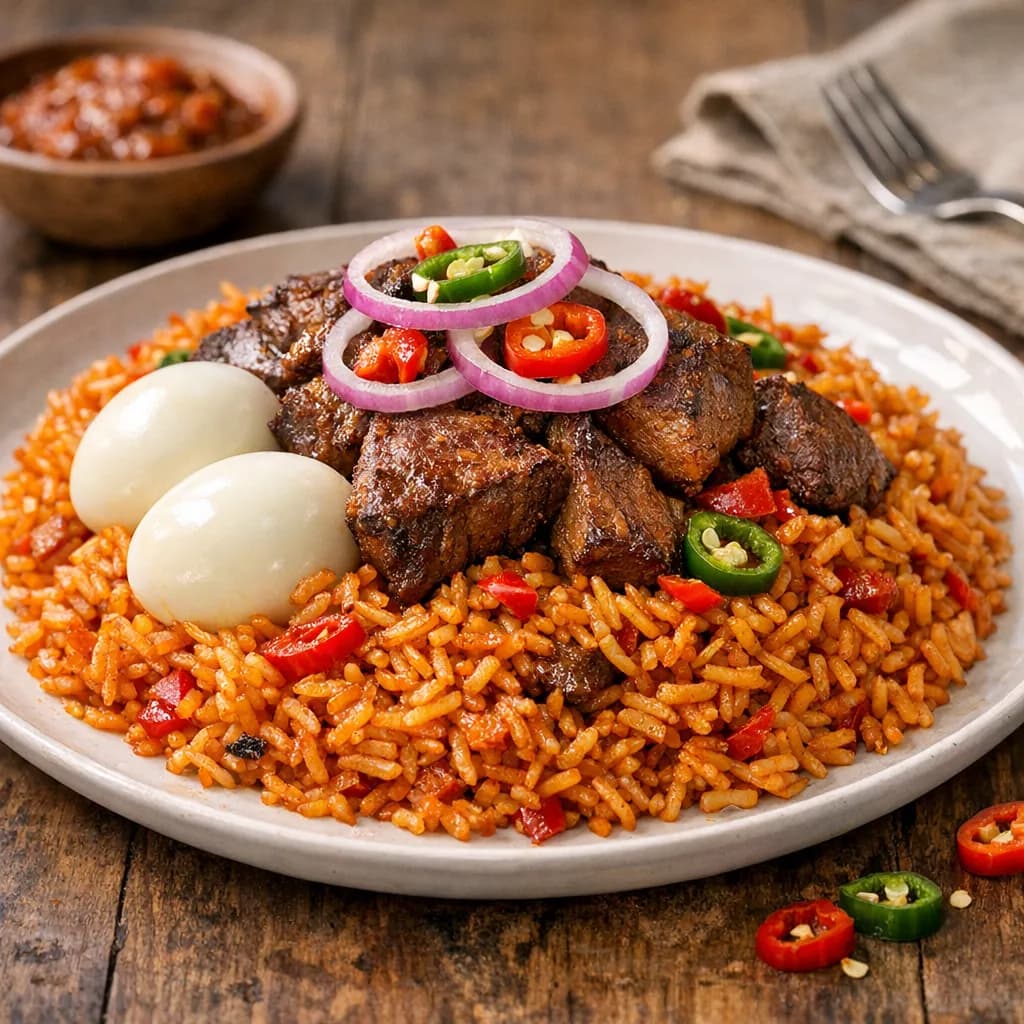 Classic Nigerian Jollof Rice with Meat and Eggs