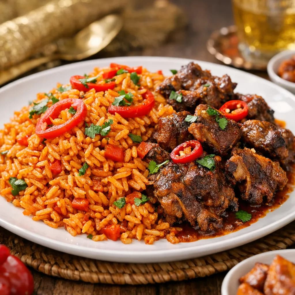 Classic Party Jollof Rice with Goat Meat