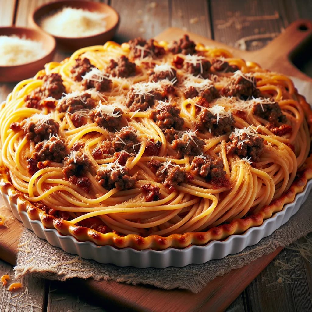 Classic Spaghetti Pie with Hamburger and Parmesan