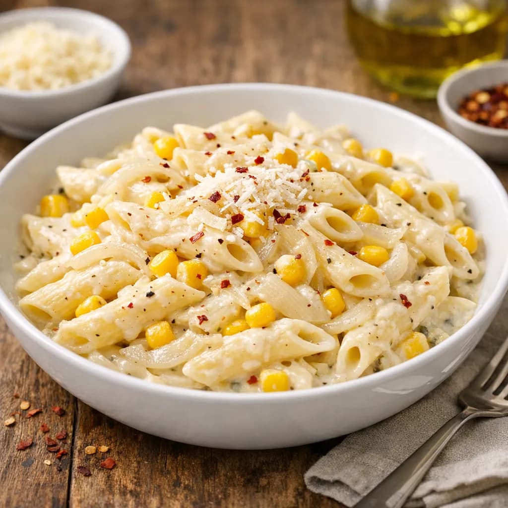 Classic White Sauce Pasta with Corn and Onion