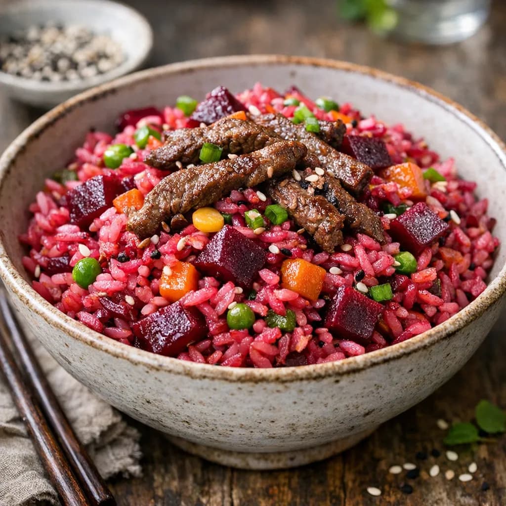 Colorful Beetroot and Beef Fried Rice