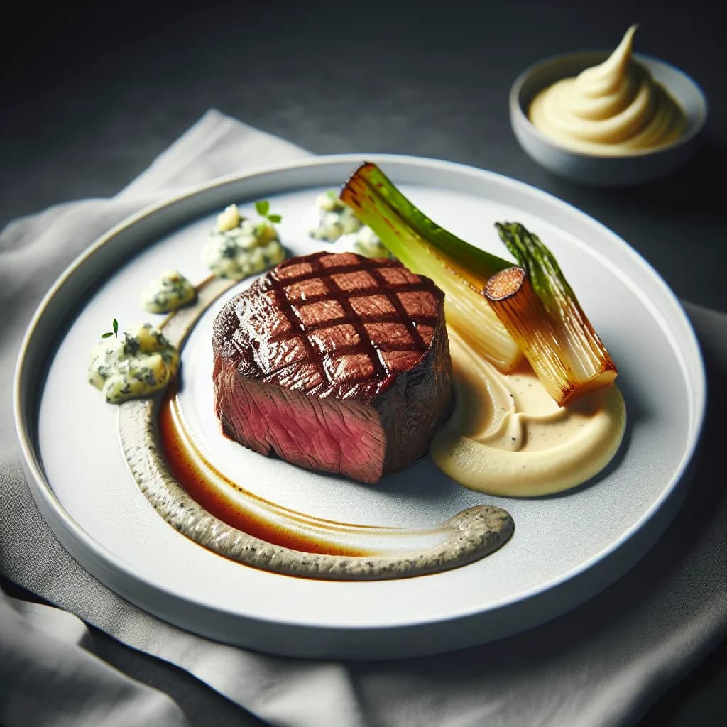 Contre-filet saignant avec purée de céleri-rave et sauce Roquefort
