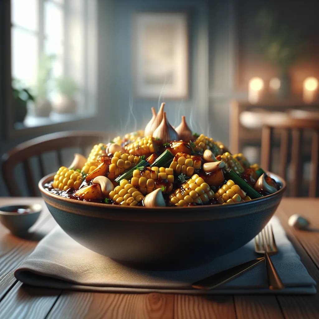 Corn and Garlic Stir Fry with Dark Sauce
