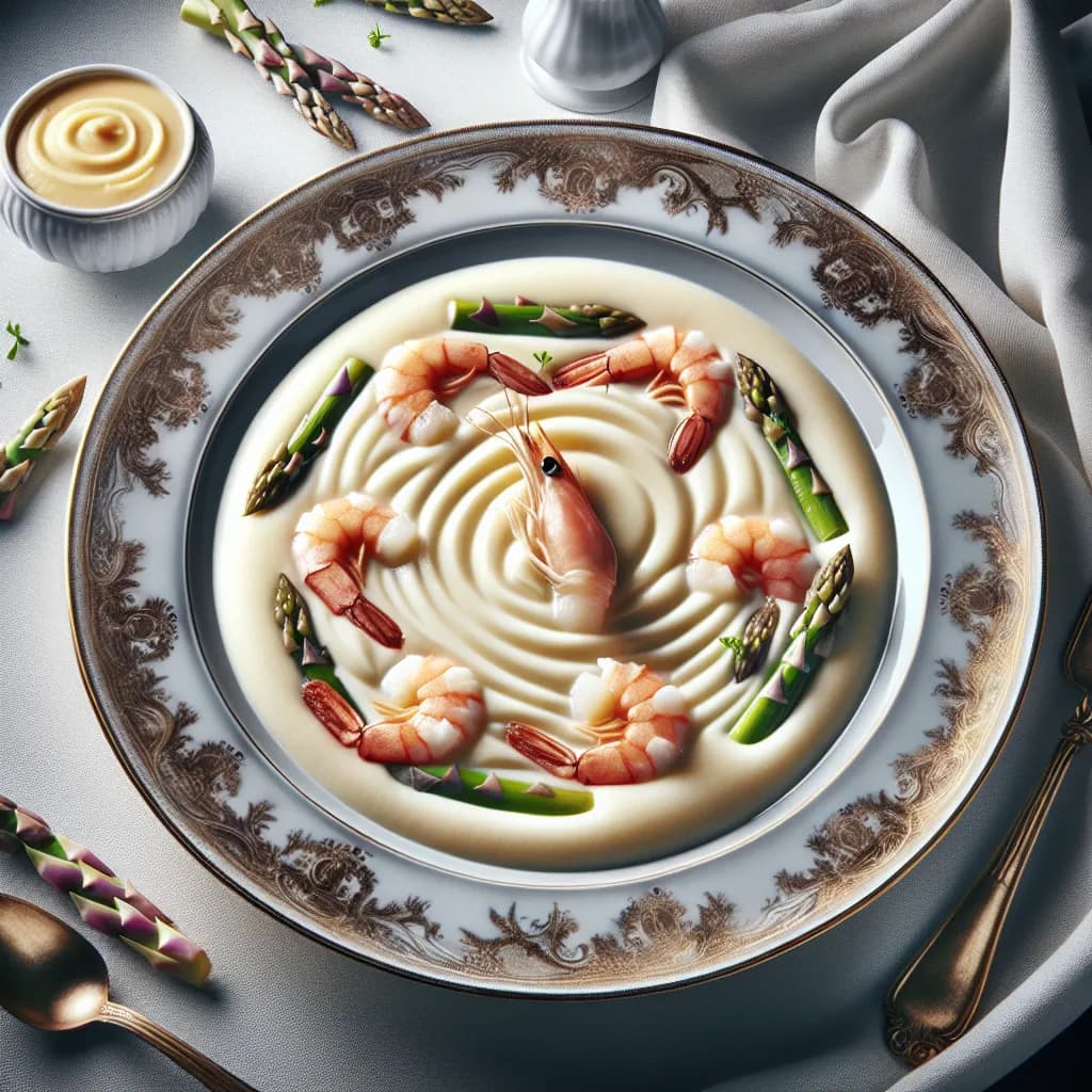 Crème d'asperges blanches au bisque de crevettes
