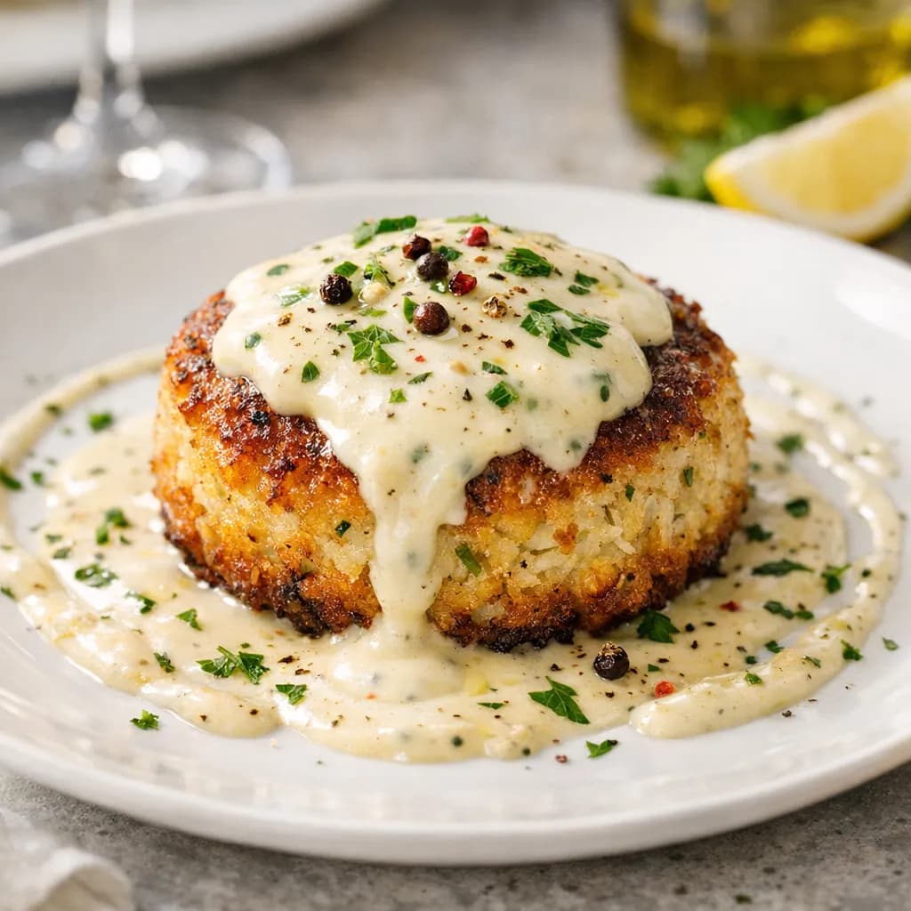 Crab Cake with Sicilian Alfredo Olive Oil White Wine Sauce