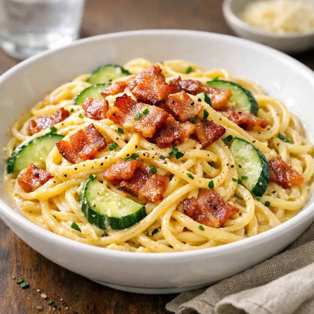 Creamy Bacon Pasta with Cucumber