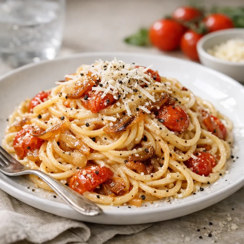 Creamy Onion and Tomato Spaghetti