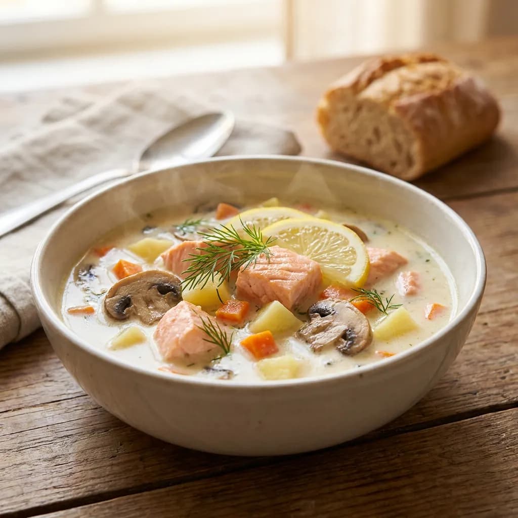 Cremige Lachs-Pilz-Suppe mit Karotten und Zitrone