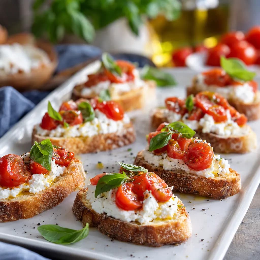 Crostini croccanti con ricotta, pomodorini e basilico