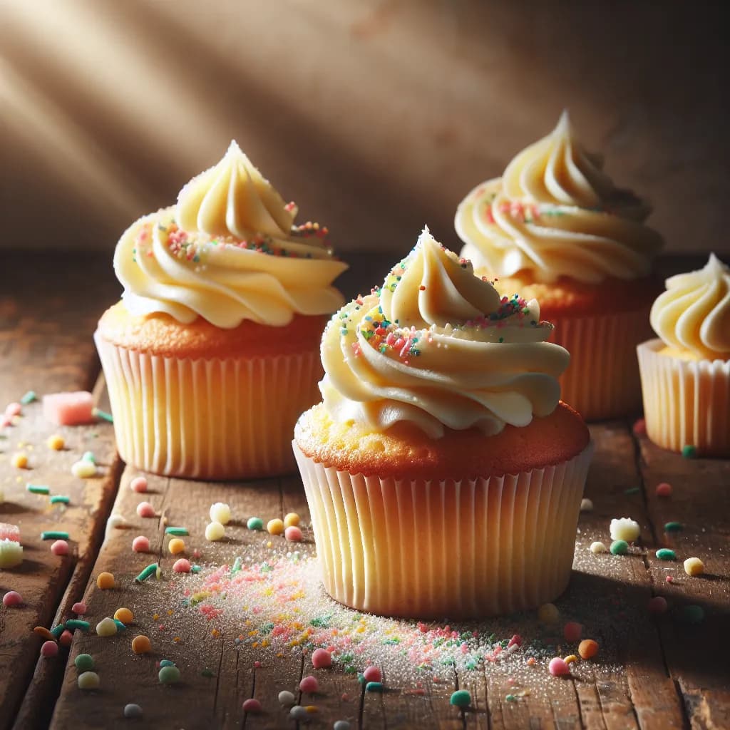 Cupcakes alla Vaniglia con Crema al Burro e Codette di Zucchero