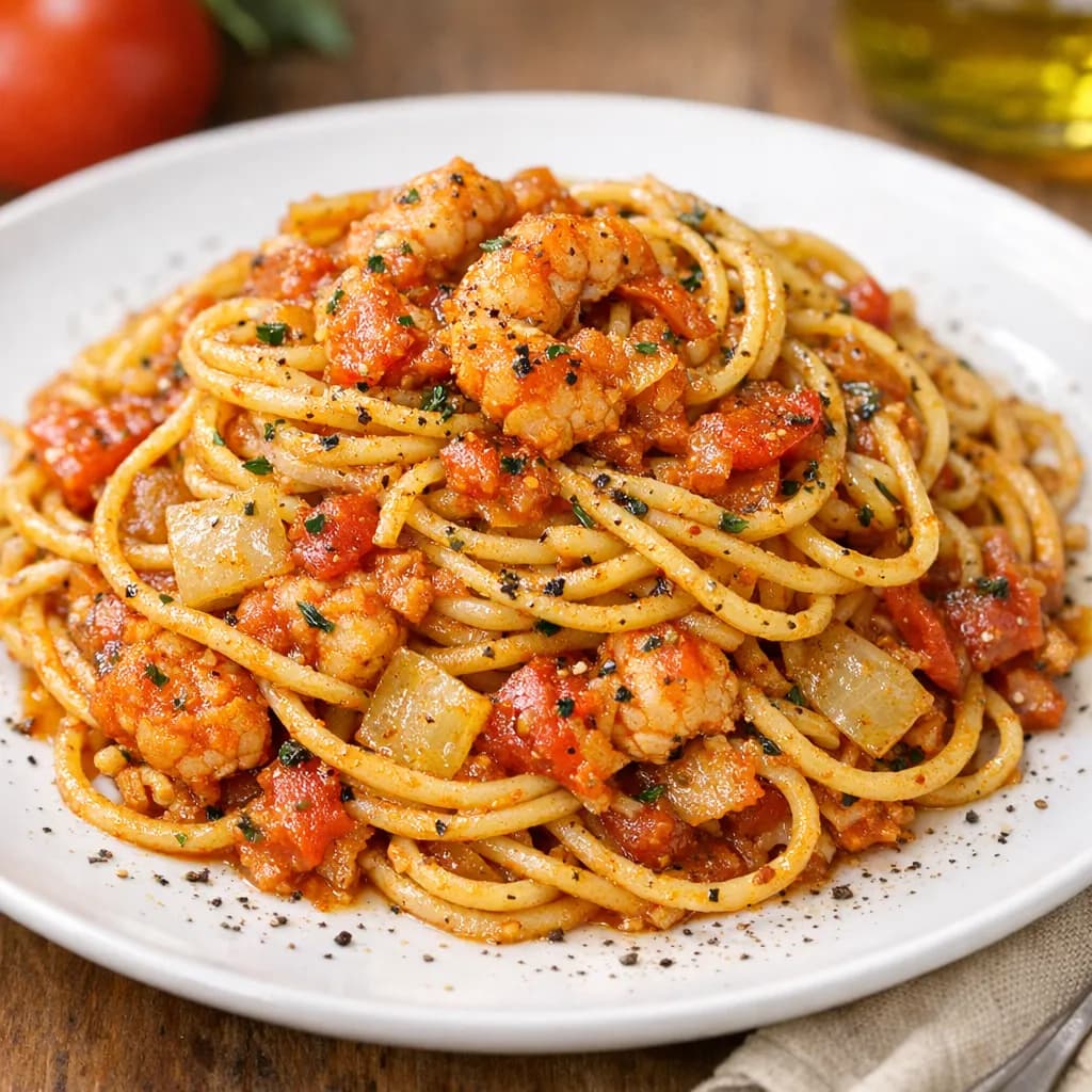 Curried Tomato Crayfish Spaghetti Stir-Fry