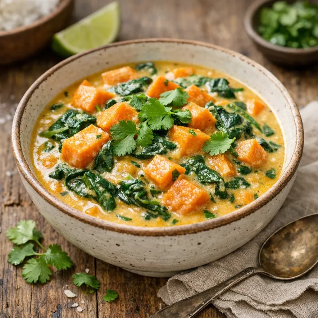 Curry de patate douce, épinards et lait de coco